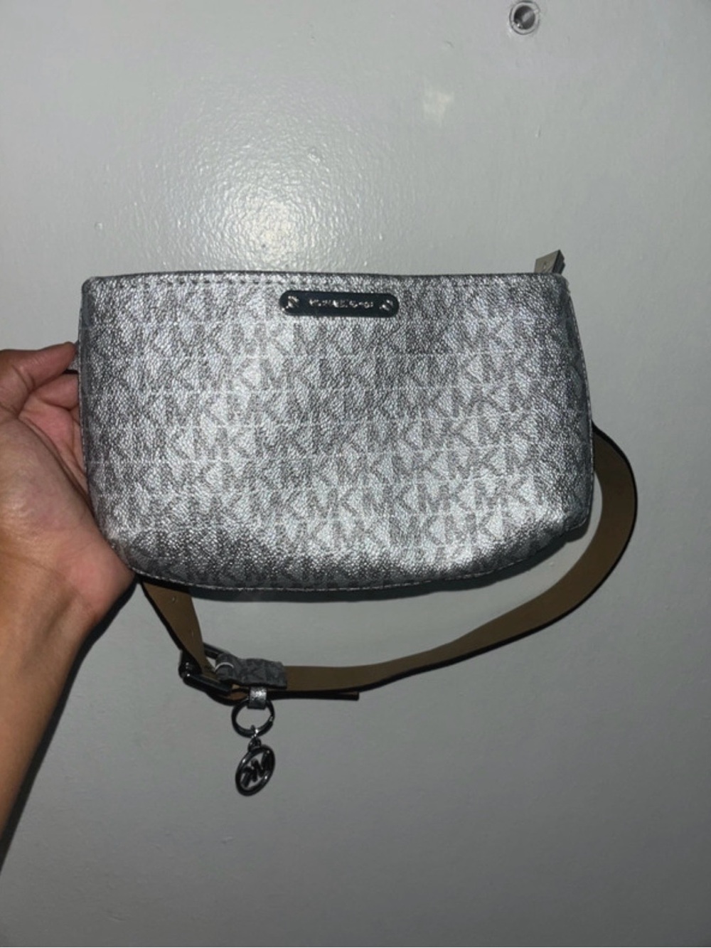 Michael Kors Metallic Silver MK Signature Fanny Pack with Tan Strap